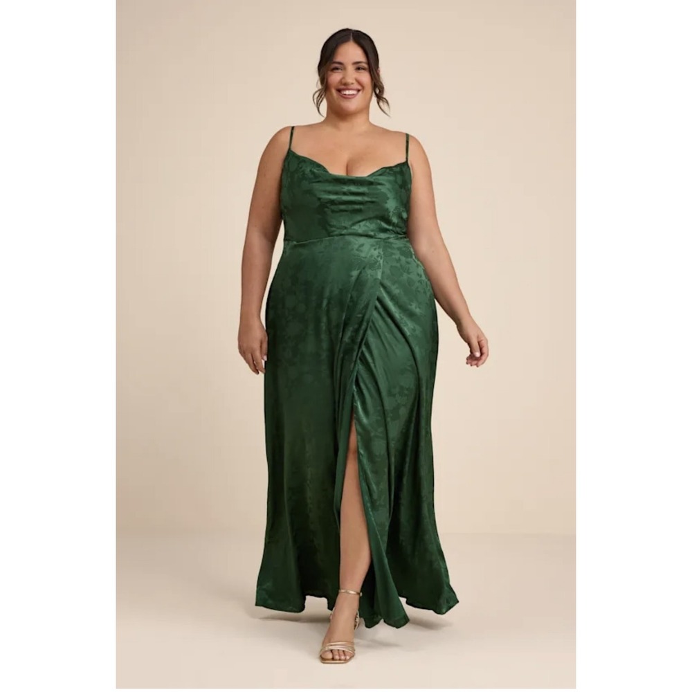 Lulus Simply Dreamy Emerald Green Satin Floral Jacquard Maxi Dress Size 1X NWT
